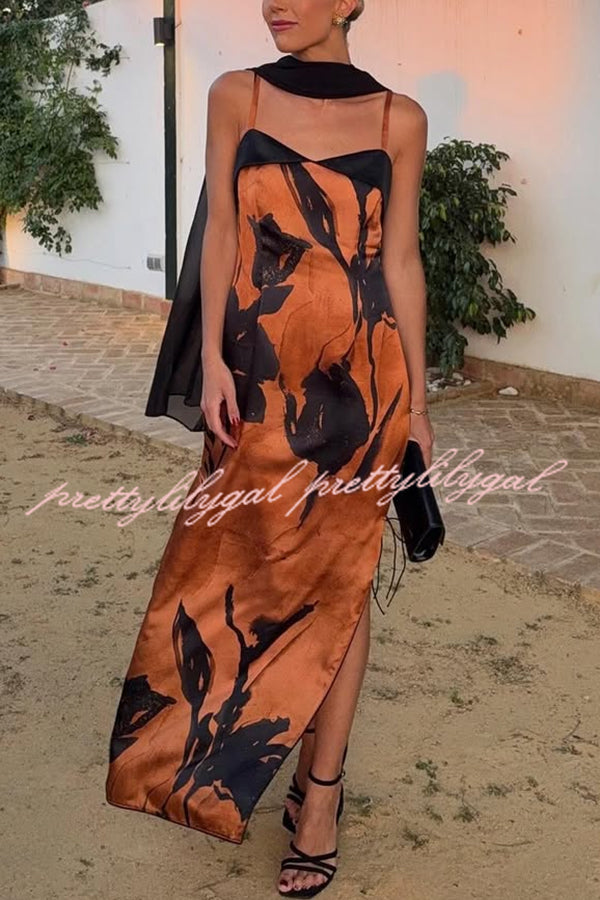 Elegant Satin Flowers Print Black Piping Detail Slit Scarf Maxi Dress