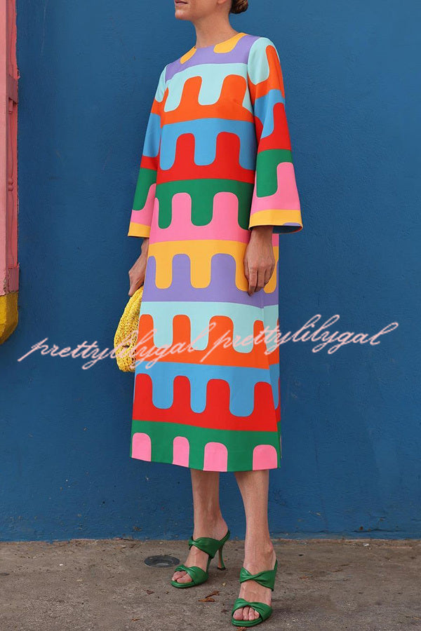 Bright Day Colorful Ripple Print Side Slit Midi Dress