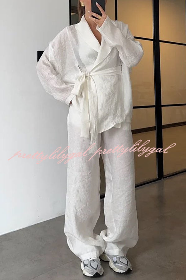 Refreshing Look Linen Blend Tie-up Lapel Kimono Coat and Elastic Waist Pocketed Pants Set
