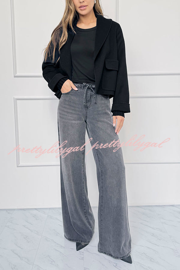 Comfortable Season Shawl Collar Open-front Long Sleeve Flap Pockets Crop Coat