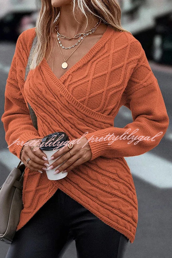 Solid Color V Neck Cross Jacquard Long Sleeved Sweater