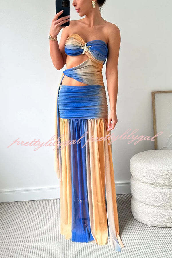 Marine Muse Gradient Mesh Starfish Decoration Hollow Stretch Maxi Dress