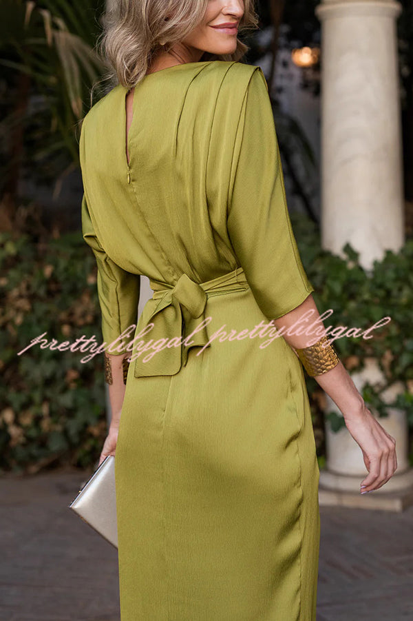 Satin Solid Color Round Neck Half Sleeve Waist Midi Dress