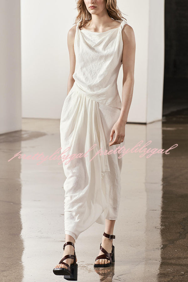 Sculptural Effect Linen Blend Twisted Shoulder Strap Drape Maxi Dress