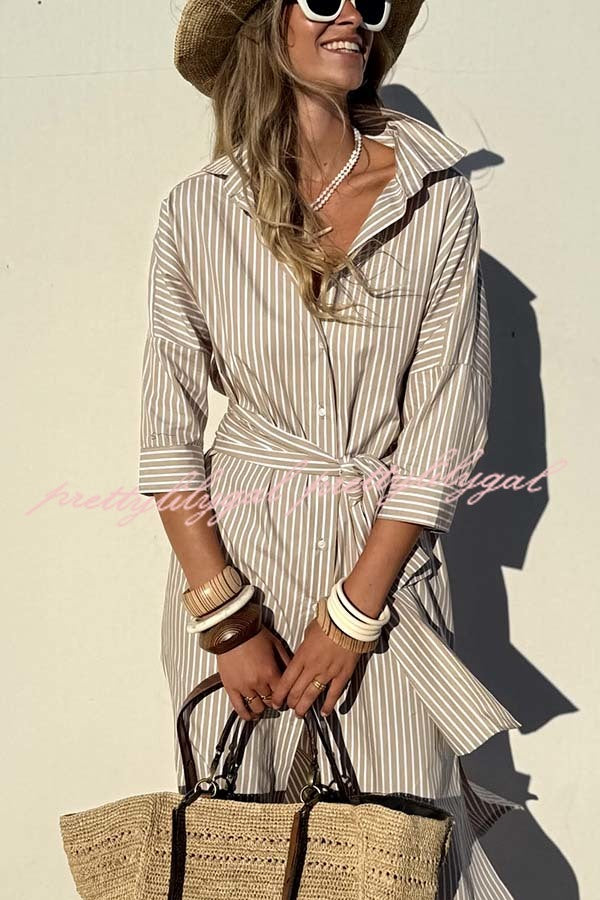 All-match Striped Button Up Half Sleeve Belted Pocket Shirt Midi Dress