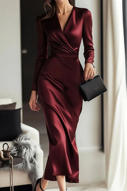 Solid Color Satin V-neck Long Sleeve Waist Slim Midi Dress