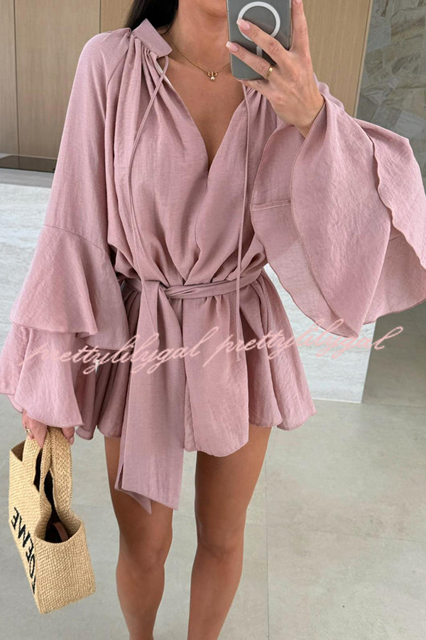 Solid Color V-neck Ruffled Long Sleeve Waist Tie Mini Dress