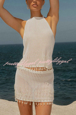 Fashion Knit Hollow Back Top and Embellished Fitted Stretch Beach Mini Skirt Set