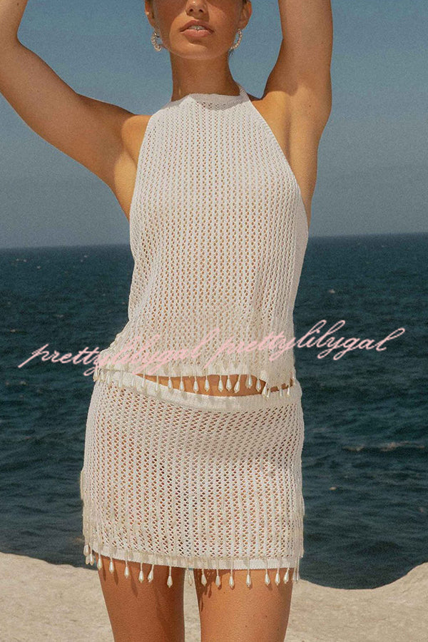 Fashion Knit Hollow Back Top and Embellished Fitted Stretch Beach Mini Skirt Set