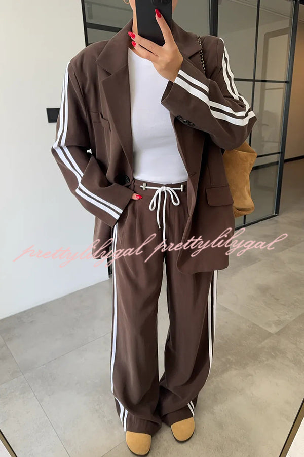 Levvie Striped Trim Long Sleeve Lapel Blazer and Rope Belt Pocketed Wide Leg Pants Set