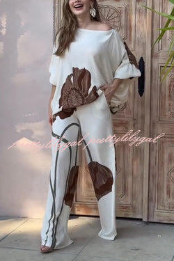 Floral Print Batwing Sleeves Loose-fitting Top and Relaxed Pocket Straight Pants Set