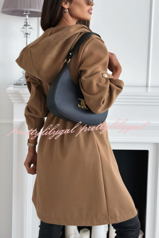 Effortless and Warm Textured Fabric Drawstring Waist Pocket Hooded Midi Coat