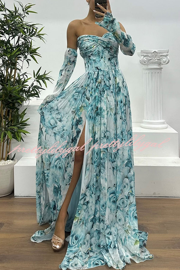 Reina Chiffon Floral Print Pleated Bodice Split Sleeve Strapless Slit Maxi Dress