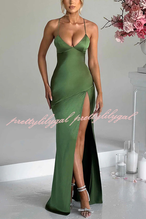 Satin Solid Color Sexy Backless Lace Up High Slit Maxi Dress