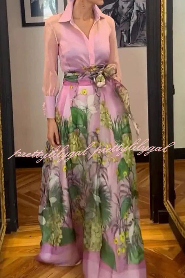 Seeds of Happiness Tulle Floral Print Elastic Waist Belt Pocketed Maxi Skirt