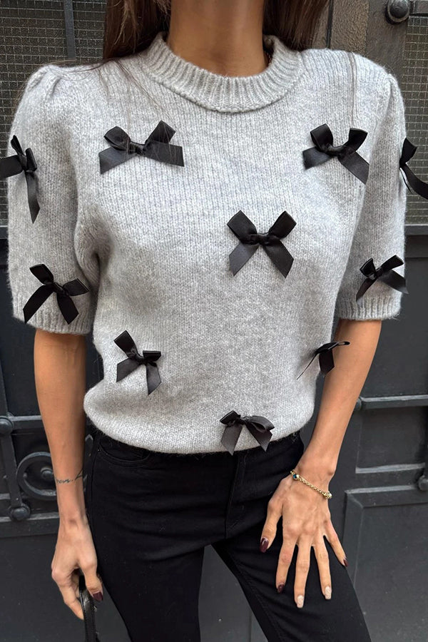 Stylish Bow Decoration Round Neck Puff Sleeve Casual Knit Sweater