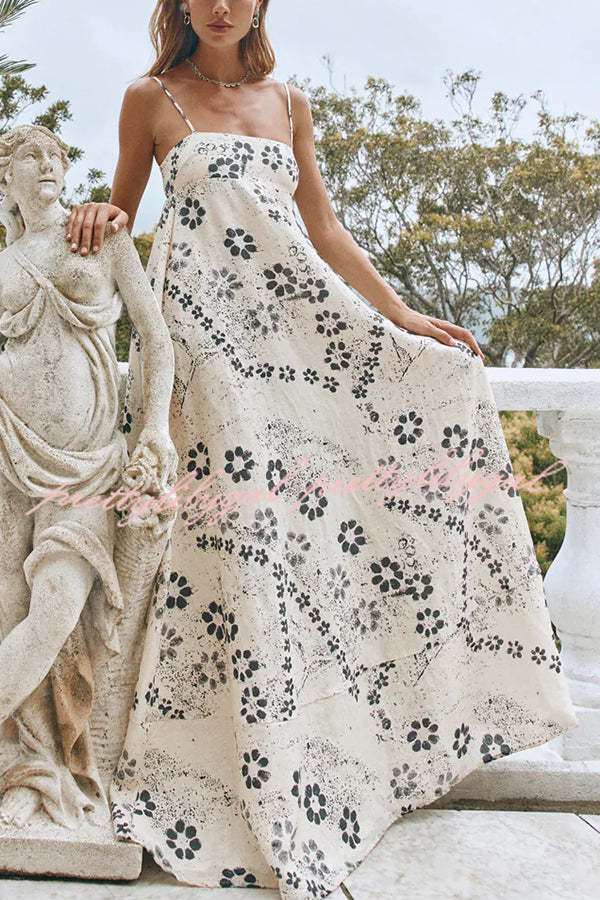 Linen Blend Floral Print Strappy Full-hem Backless Maxi Dress