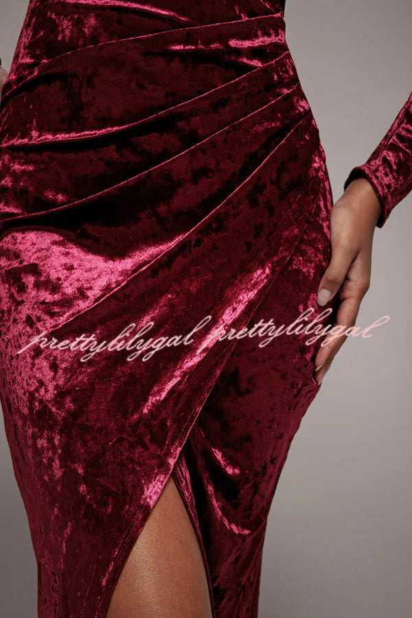 Solid Color Velvet Long-sleeved Slim-fit Slit Midi Dress