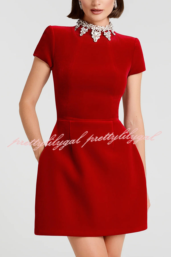 Regan Luxurious Velvet Jewel-encrusted Turtleneck Short Sleeve Pocket Tulip Mini Dress