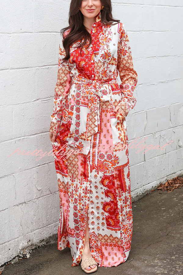 Bohemian Style Unique Printed Shirt Waist Tie Maxi Dress