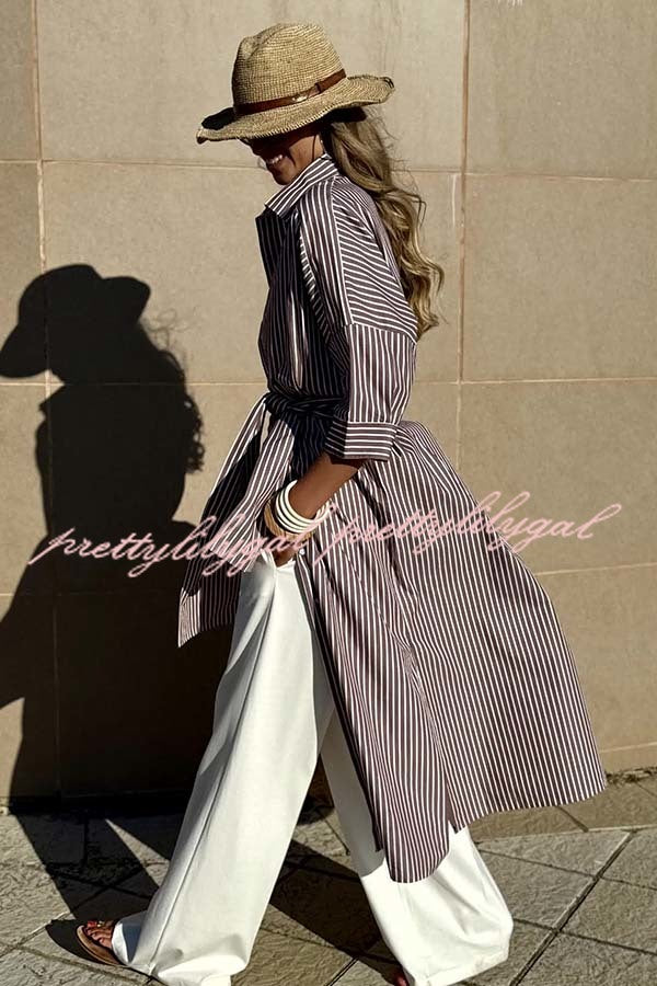 All-match Striped Button Up Half Sleeve Belted Pocket Shirt Midi Dress