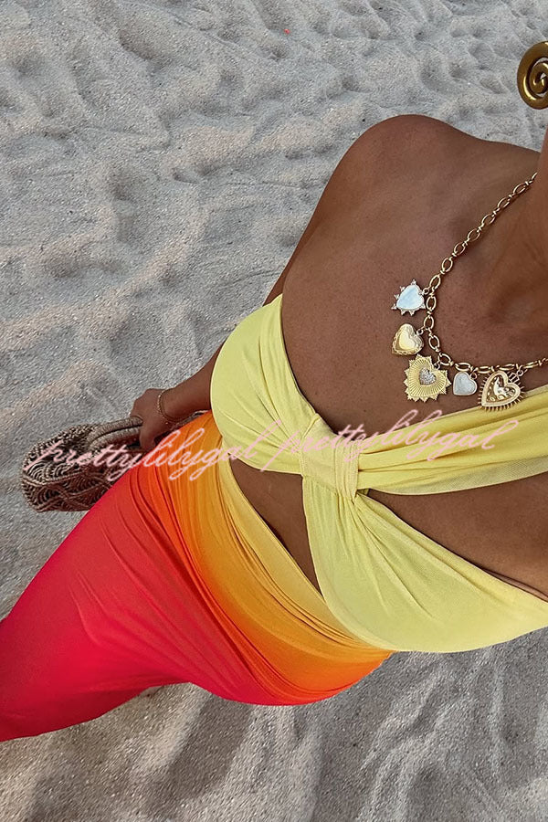 Dreamy Sunset Mesh Ombre Print One Shoulder Cutout Stretch Maxi Dress