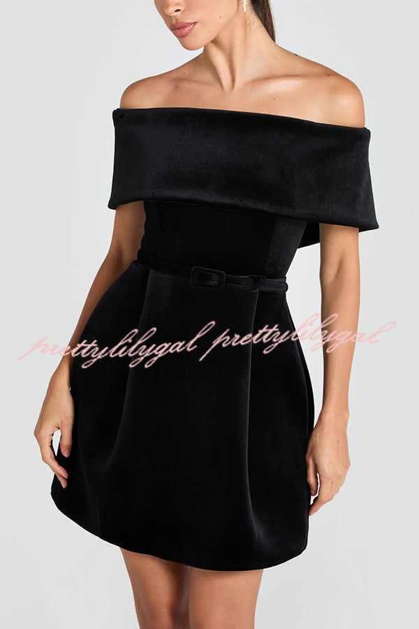 Best Lover Velvet Lapel Bandeau Removable Belt Pocketed Mini Dress