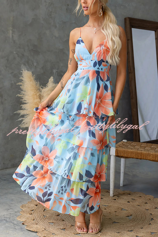 Dreamy Destiny Floral Print Elastic Back Tiered Maxi Dress