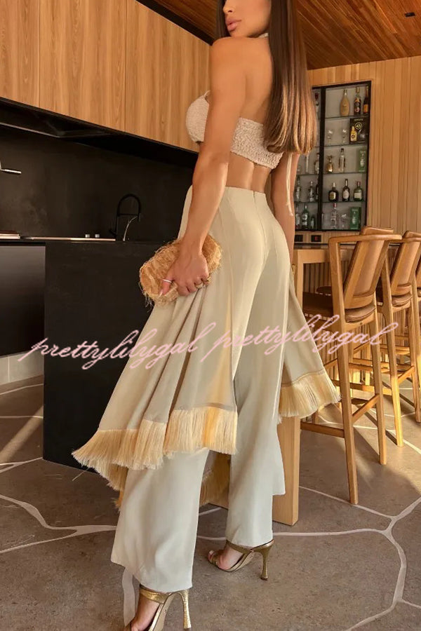 Sexy Lace-Up Bandeau Top and Irregular Tassel Pants Set