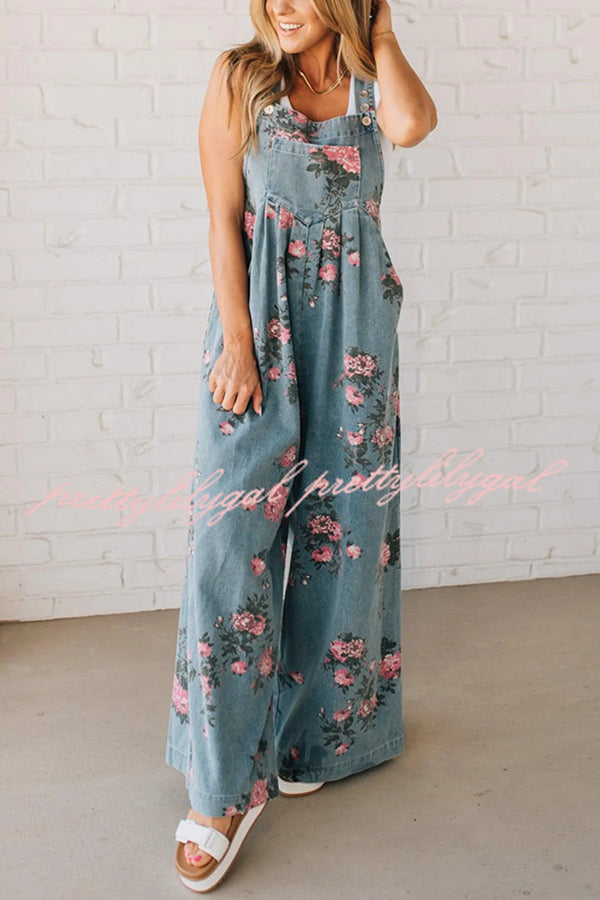 Fashion Floral Print Casual Button Pocket Loose Denim Overalls