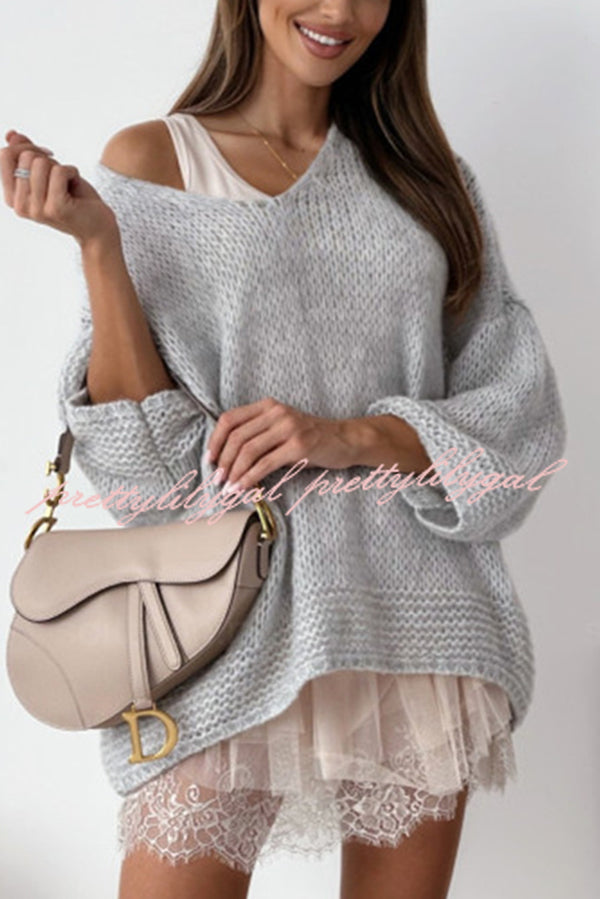Solid Color Loose V-neck Casual Knitted Sweater