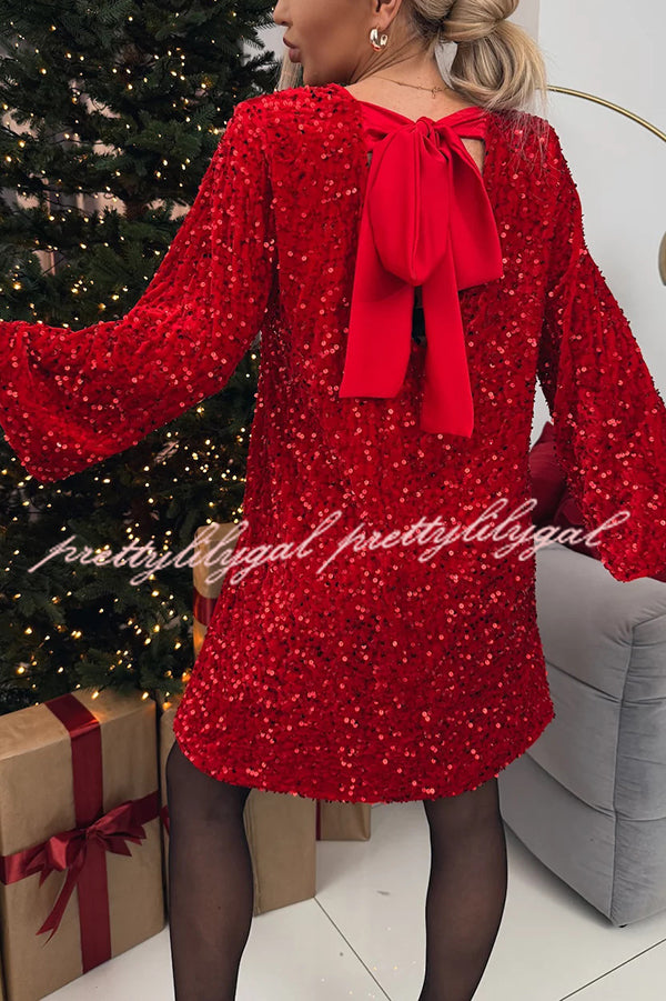 Velvet Sequin Back Bow Bell Sleeves Loose Mini Dress