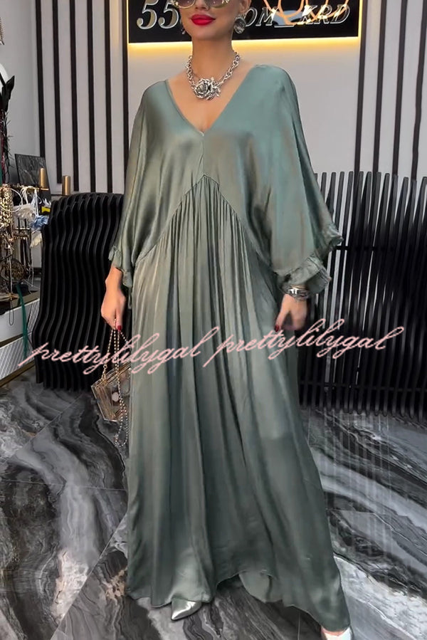 Satin Solid Color V-neck Lotus Leaf Sleeve Loose Pleated Maxi Dress