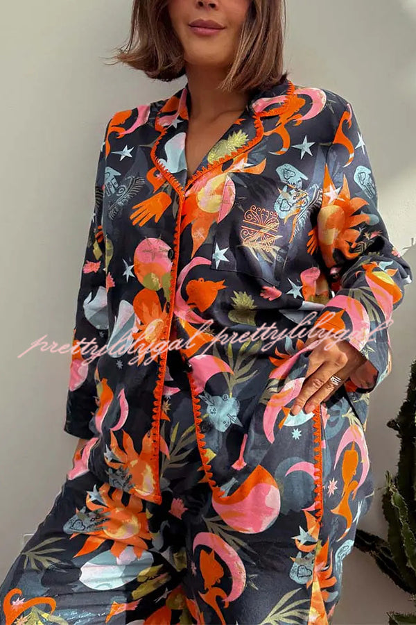 Evening Routine Unique Print Color-block Trim Loose Shirt and Elastic Waist Pocketed Pajama Set