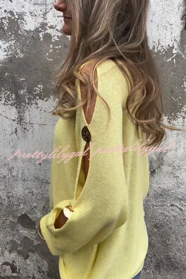 Solid Color Round Neck Hollow Long Sleeve Loose Knitted Sweater
