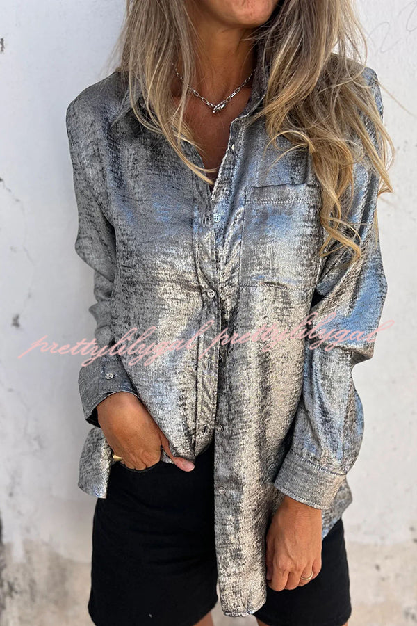 First and Fabulous Metallic Fabric Button Up Long Sleeve Loose Blouse