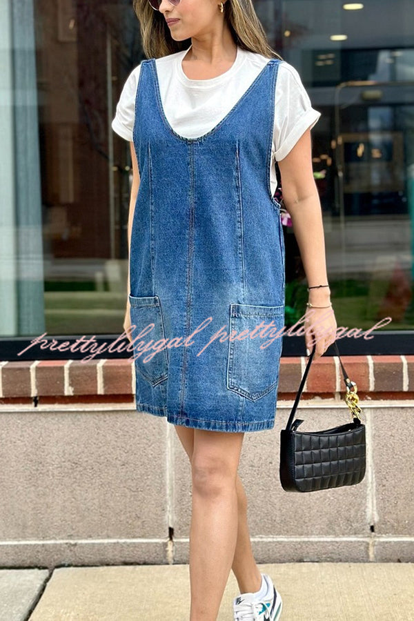 Solid Color Sleeveless V-neck Pocket Adjustable Denim Suspender Mini Dress