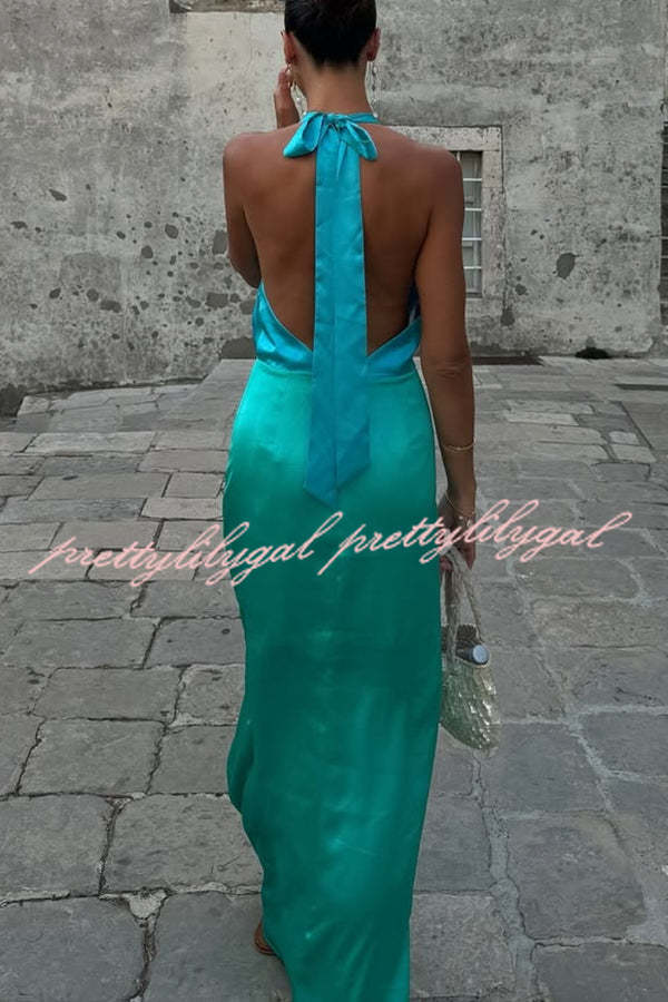 Like A Gem Satin Colorblock Halter Backless Party Maxi Dress