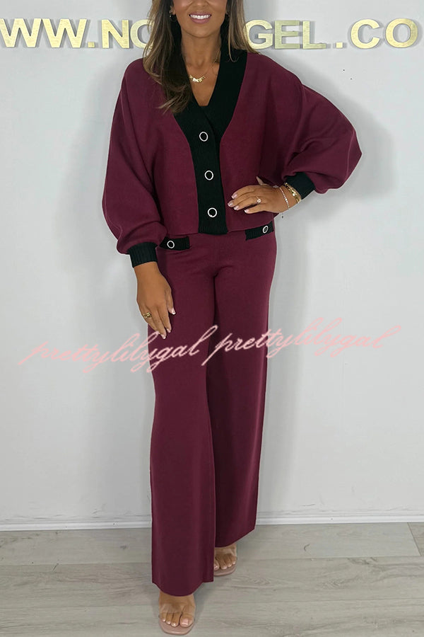 Fashion Contrast Color V-neck Loose Cardigan and Elastic Waist Casual Pants Set