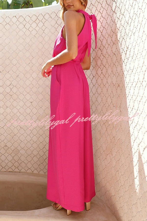 Solid Color Resort Style Halter Neck Waist Pocket Wide Leg Jumpsuit