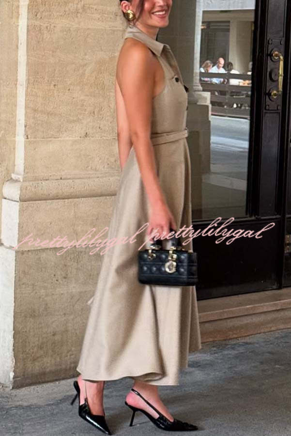 Charmed To Meet You Button Up Belted Pocket Halter Shirt Flare Midi Dress