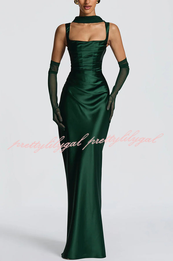 Calanthe Satin Square Neck Ruched Back Lace-up Drape Mesh Scarf Maxi Dress