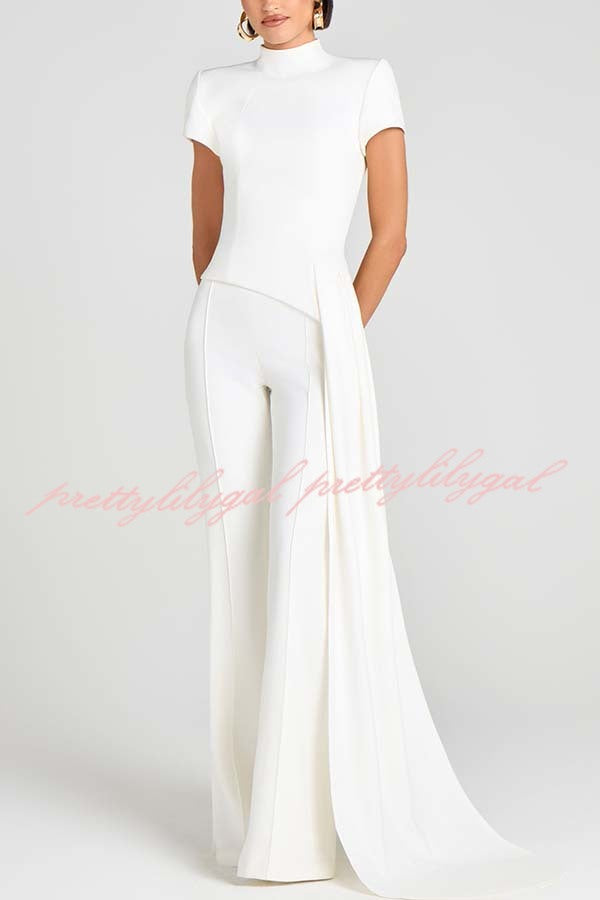 Pippa High Neck Short Sleeve Irregular Drape Hem Top and Elastic Waist Flare Pants Set