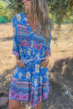 Ethnic Floral Print V-neck Loose Pocket Mini Dress