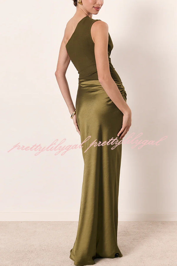 Kaia Satin Contrast Fabric Patchwork One Shoulder Ruched Maxi Dress