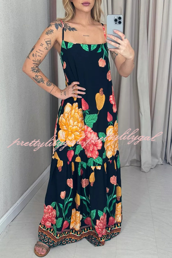 Floral Print Halter Back Loose Pocket Full Hem Maxi Dress