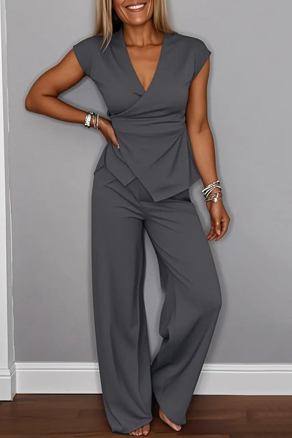 Solid Color V-neck Metal Buttoned Pleated Top and Casual Straight Pants Set