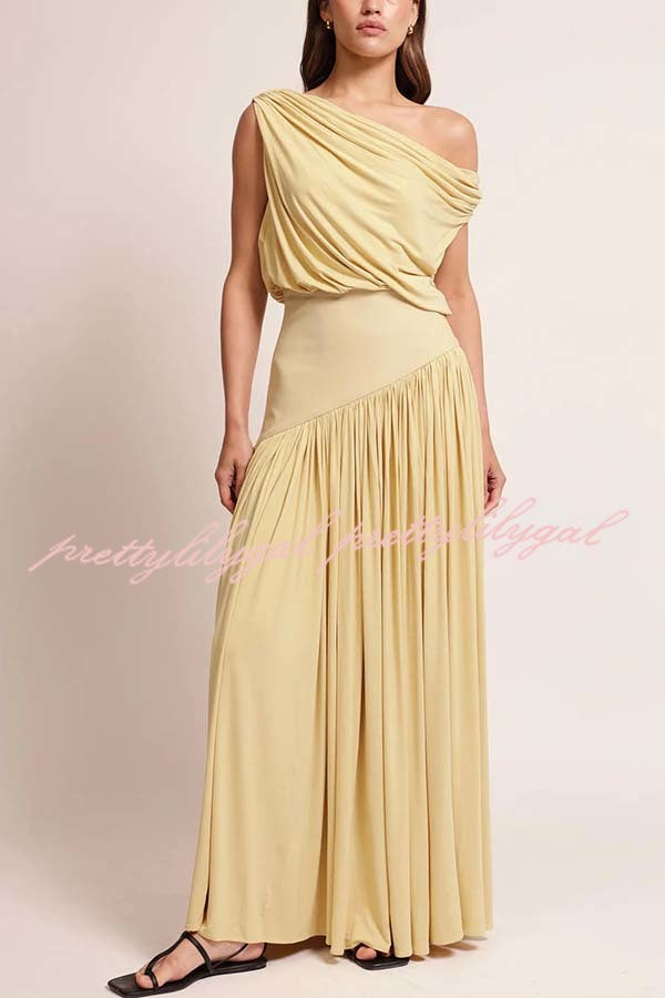 Gwen Soft Knit Fabric Off Shoulder Ruched Detail Drape Maxi Dress