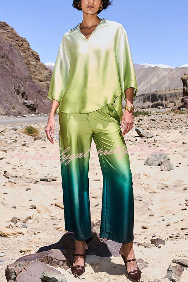 Alenah Satin Gradient Print V-Neck Loose Shirt and Casual Pocket Wide Leg Pants Set