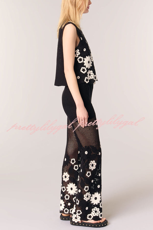 Fashion Embroidered Hollow Hook Elastic Waist Casual Wide-leg Pants